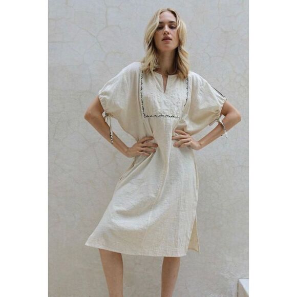 NYMane Union dress in cream organic cotton with black embroidered bib - Picture 1 of 10